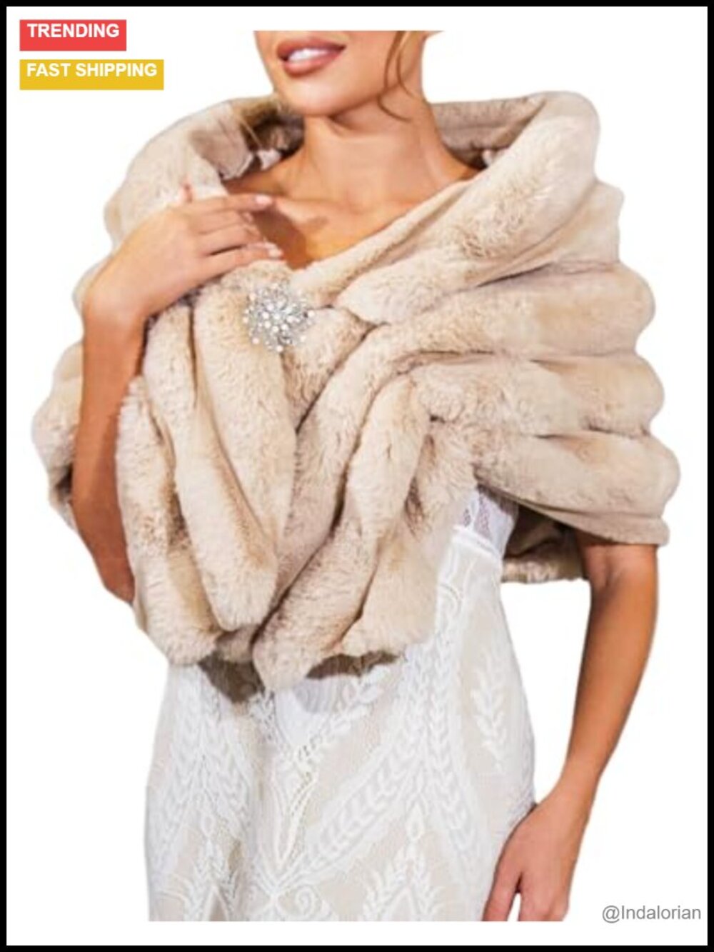 Faux Fur Wedding Shawl Wrap with Rhinestone Brooch